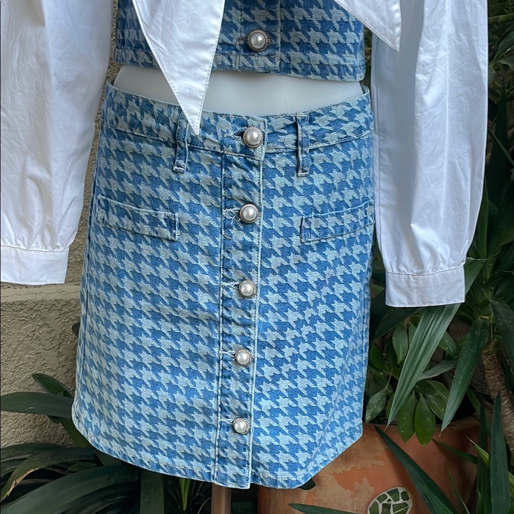 NewBlue Houndstooth Urban Revivo Cotton Skirt Set with Bow Detail - Picture 3 of 15